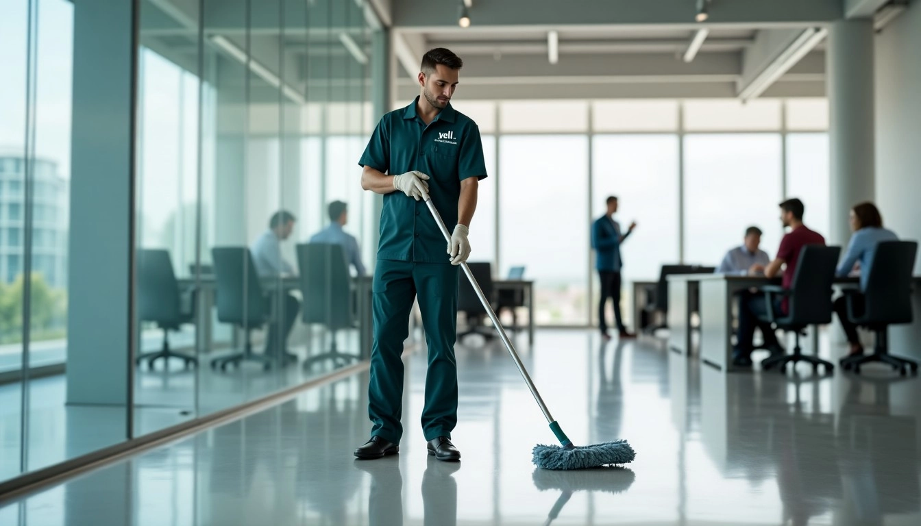 Startseite 2 Ein Arbeiter in grüner Arbeitskleidung schiebt einen Reinigungswagen und fegt den Boden in einem modernen Bürogebäude.