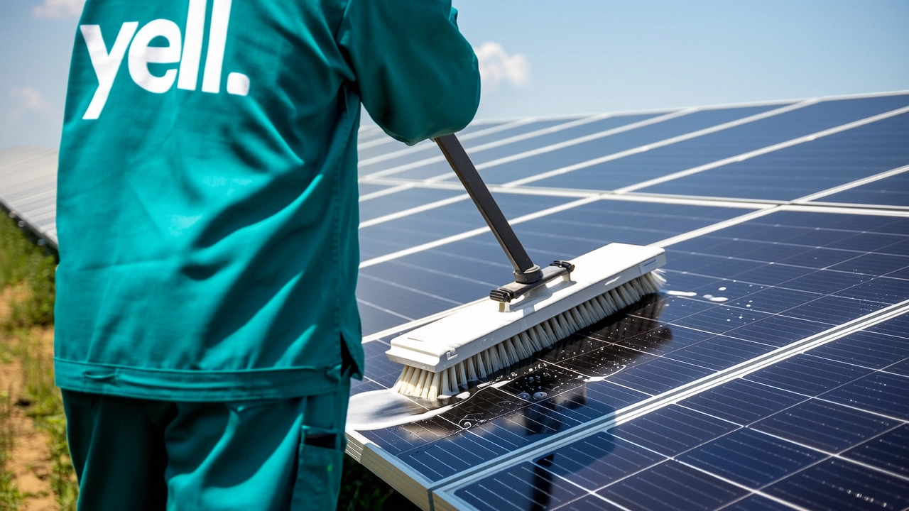Startseite 4 Ein Arbeiter in grüner Arbeitskleidung reinigt eine Solarzelle auf einem Dach. Er trägt einen Helm und Sicherheitsausrüstung, während er die Paneele mit einem Hochdruckreiniger bearbeitet.